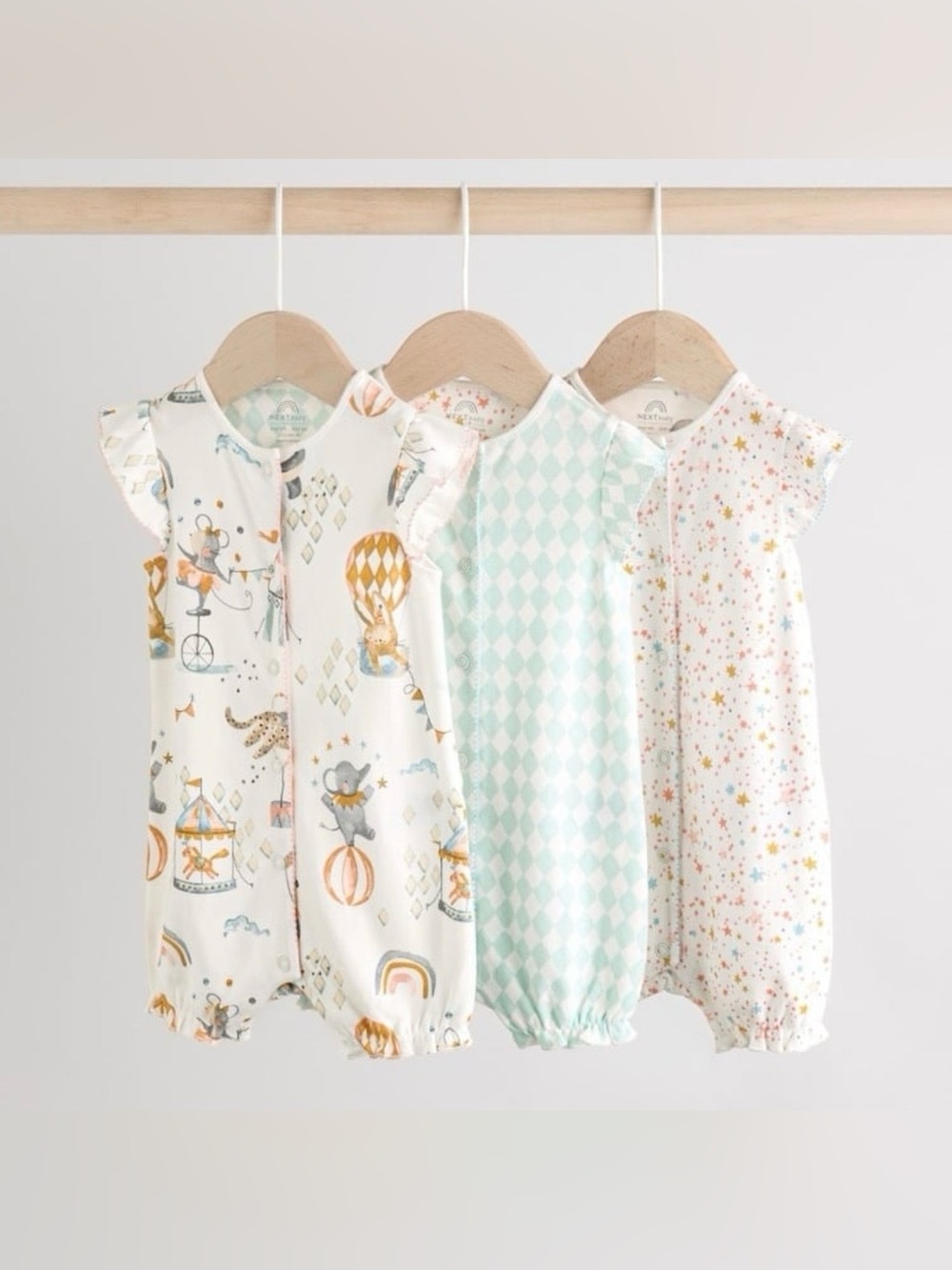 Multi Pastel Animal Print Baby 100% Cotton Rompers 3 Pack